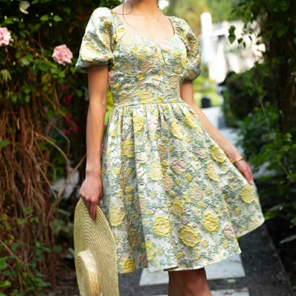 Ivy City Yellow Green Garden Floral Dress Bridal Tea Party 50s 60s Chic 32W 5X
